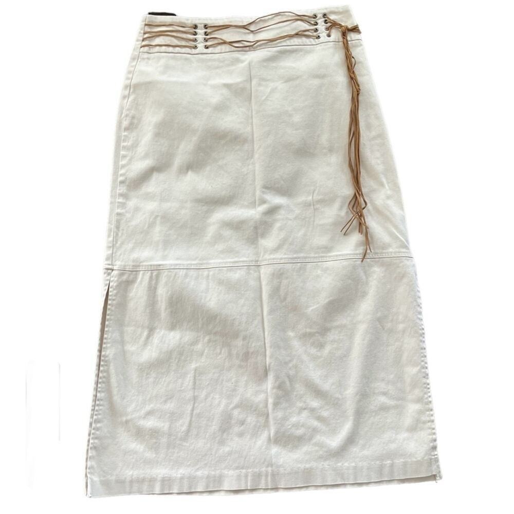 First Option Womens Boho Midi Skirt Lace Up Side Slit Off Cream Denim Western L